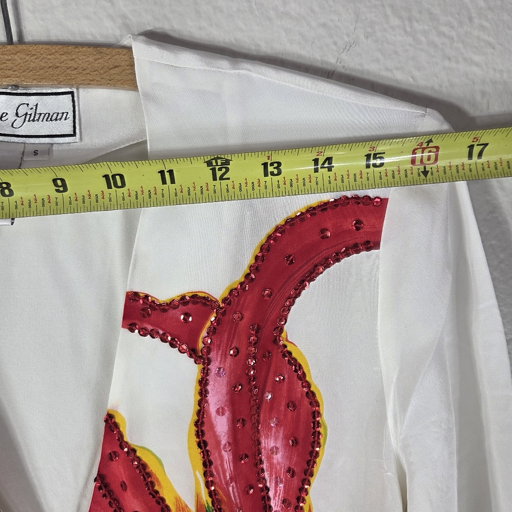 Diane Gilman Silk Beaded Vintage Size M ButtonUp Floral Tunic Blouse White Red - Picture 13 of 16